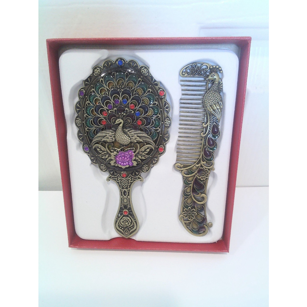 Vintage Peacock Shaped Mirror And Hair Brush Set Style M